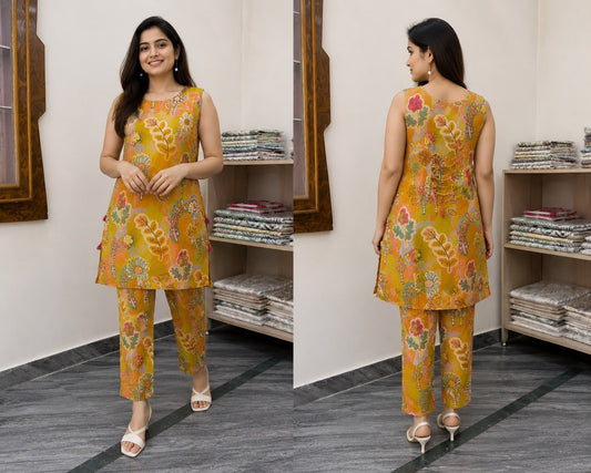 Women's Mustard Yellow Floral Printed Cotton Co-Ord Set | Sleeveless A-Line Top & Straight Pants | Premium Summer Casual Wear