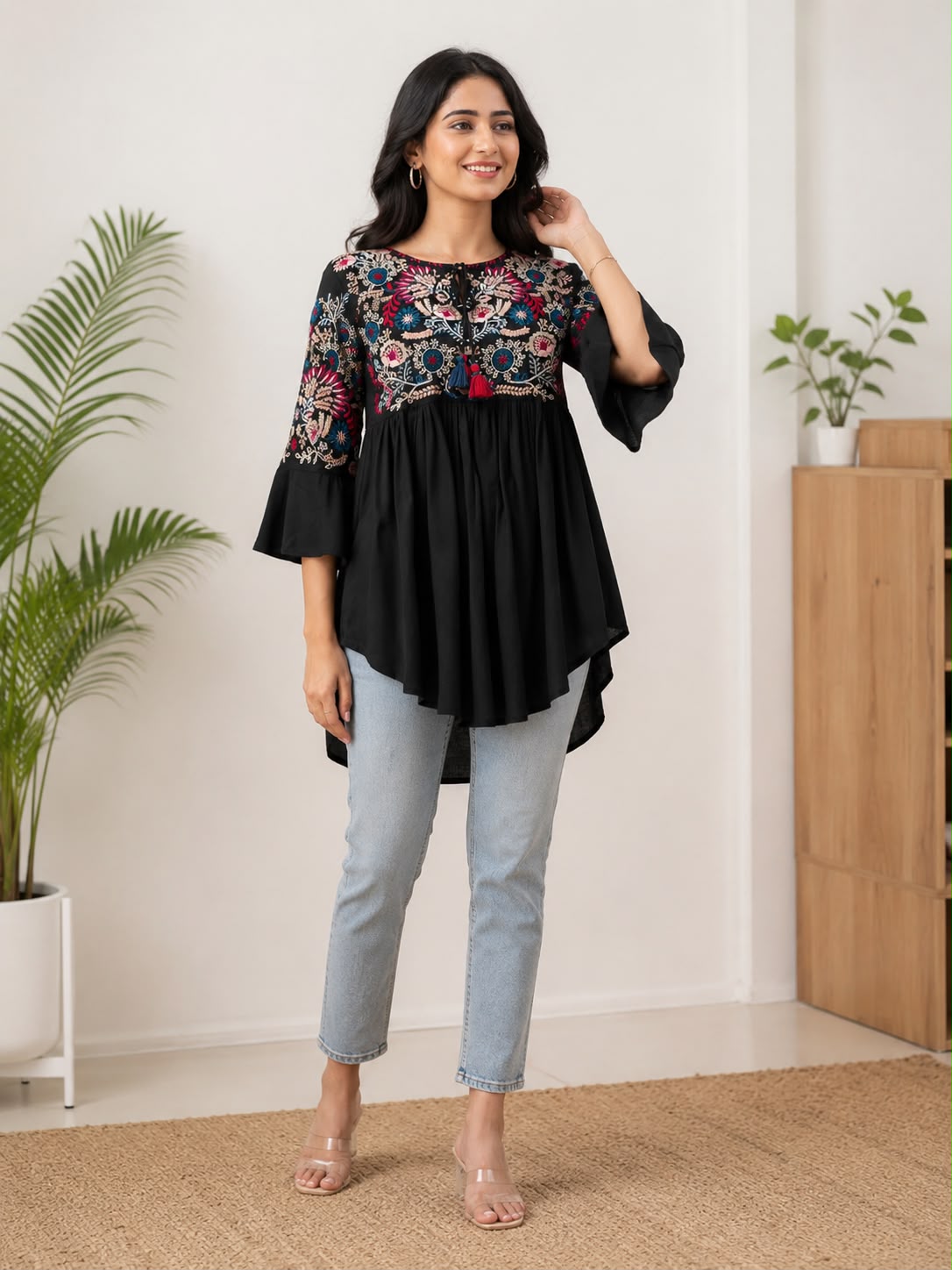 Women Black Embroidered Top – Short Flared Ethnic Top with Bell Sleeves for Casual Wear