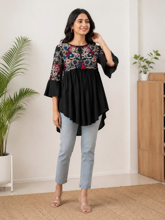 Women Black Embroidered Top – Short Flared Ethnic Top with Bell Sleeves for Casual Wear