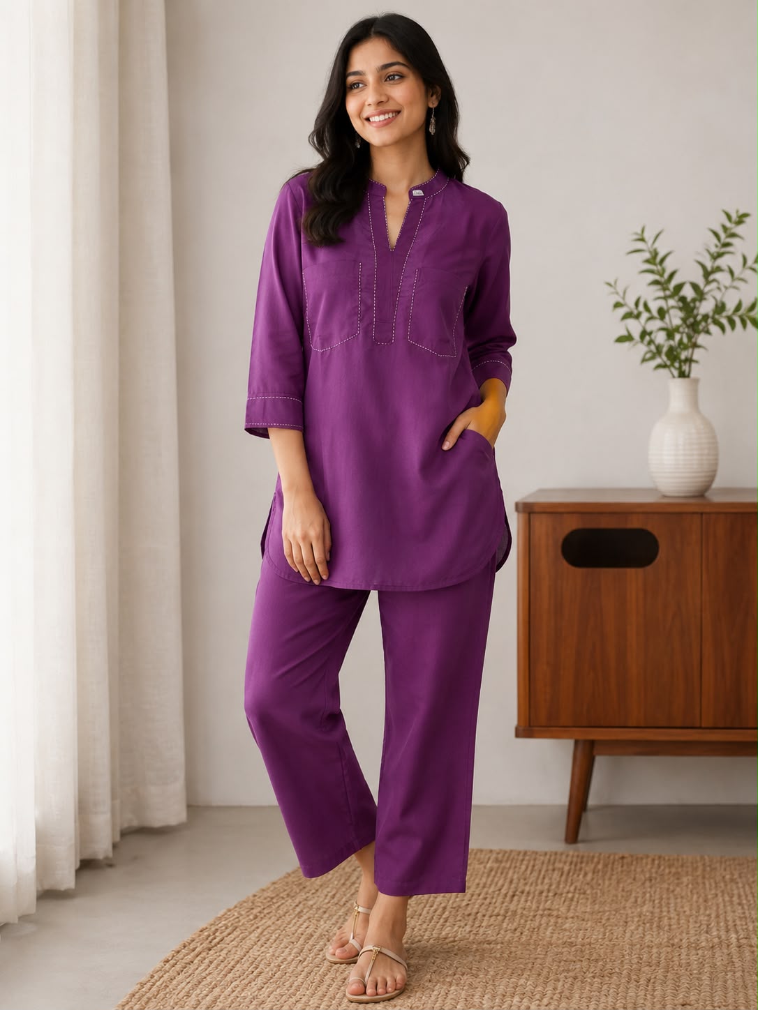 Women’s Purple Cotton Co-ord Set | 3/4 Sleeve Tunic Top with Straight-Fit Pants