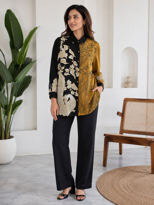 Women’s Black & Mustard Printed Crepe Shirt | Collared Button-Down Long Top with Artistic Floral Design