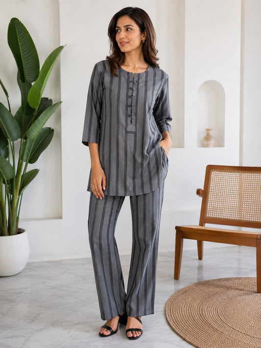 Women’s Grey Striped Co-ord Set | Round-Neck Long Top with Button Detail & Wide-Leg Pants