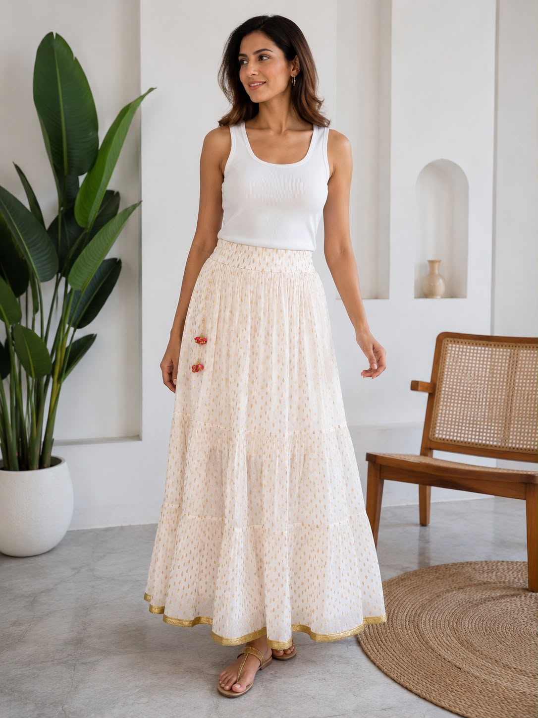 Women’s Off-White Printed Tiered Maxi Skirt | Flared Long Skirt with Smocked Waist & Golden Border