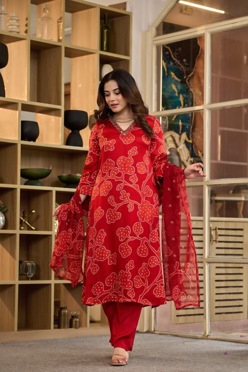 Women’s Red Maslin Printed Kurti Set with Dupatta | 3-Piece Straight Kurta, Pants & Bandhani-Inspired Dupatta