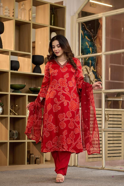 Women’s Red Maslin Printed Kurti Set with Dupatta | 3-Piece Straight Kurta, Pants & Bandhani-Inspired Dupatta