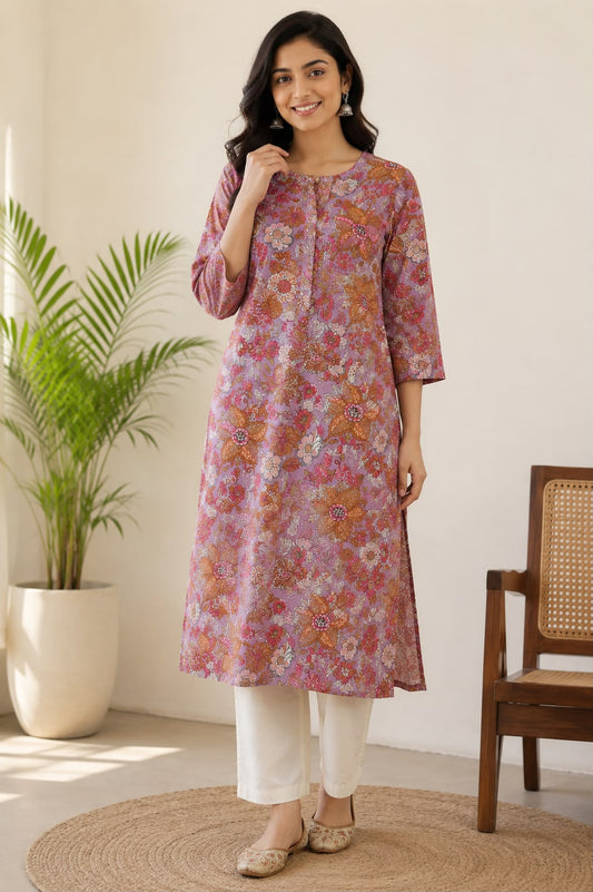 Mauve Multicolor Floral Print Cotton Kurti