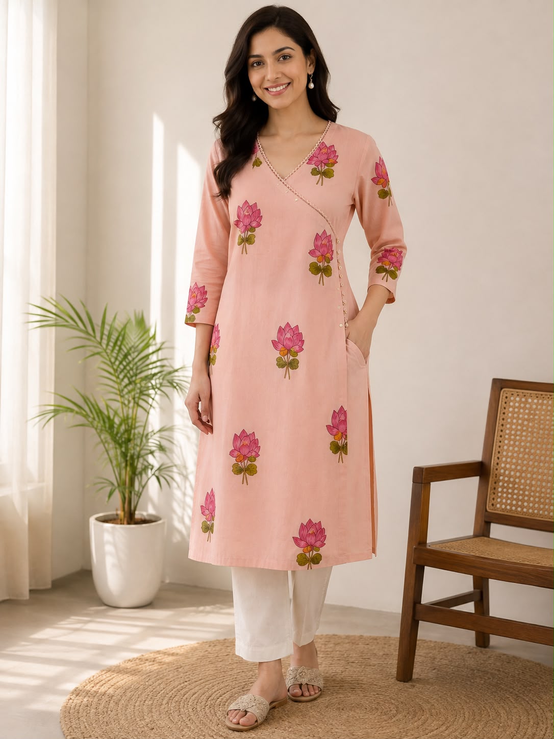 Peach Lotus Print Angrakha Cotton Kurti