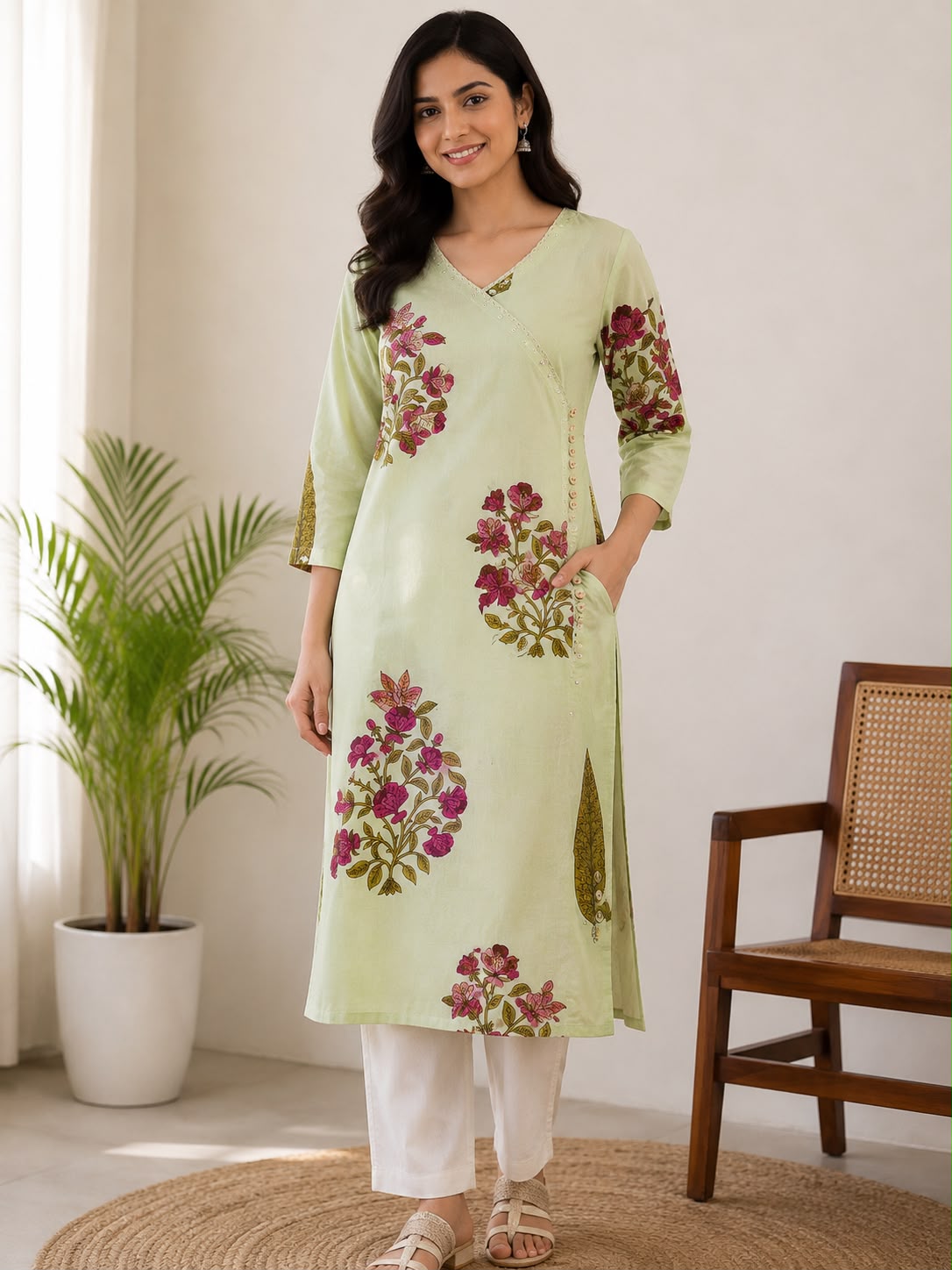 Pastel Green Floral Angrakha Cotton Kurti