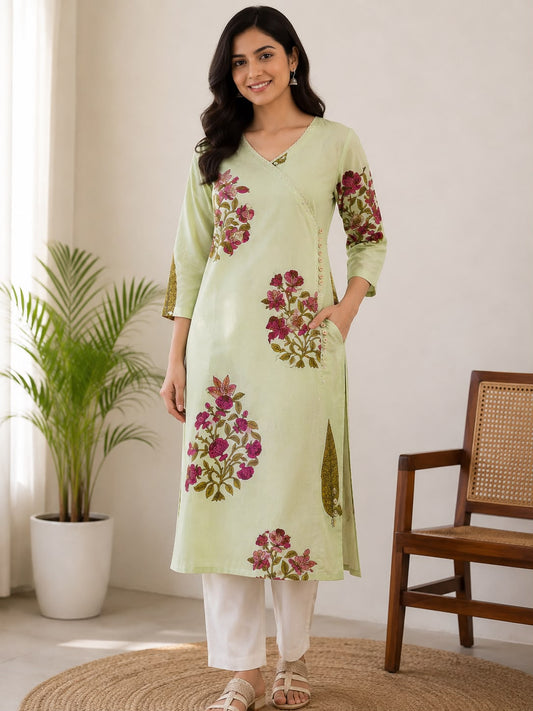 Pastel Green Floral Angrakha Cotton Kurti