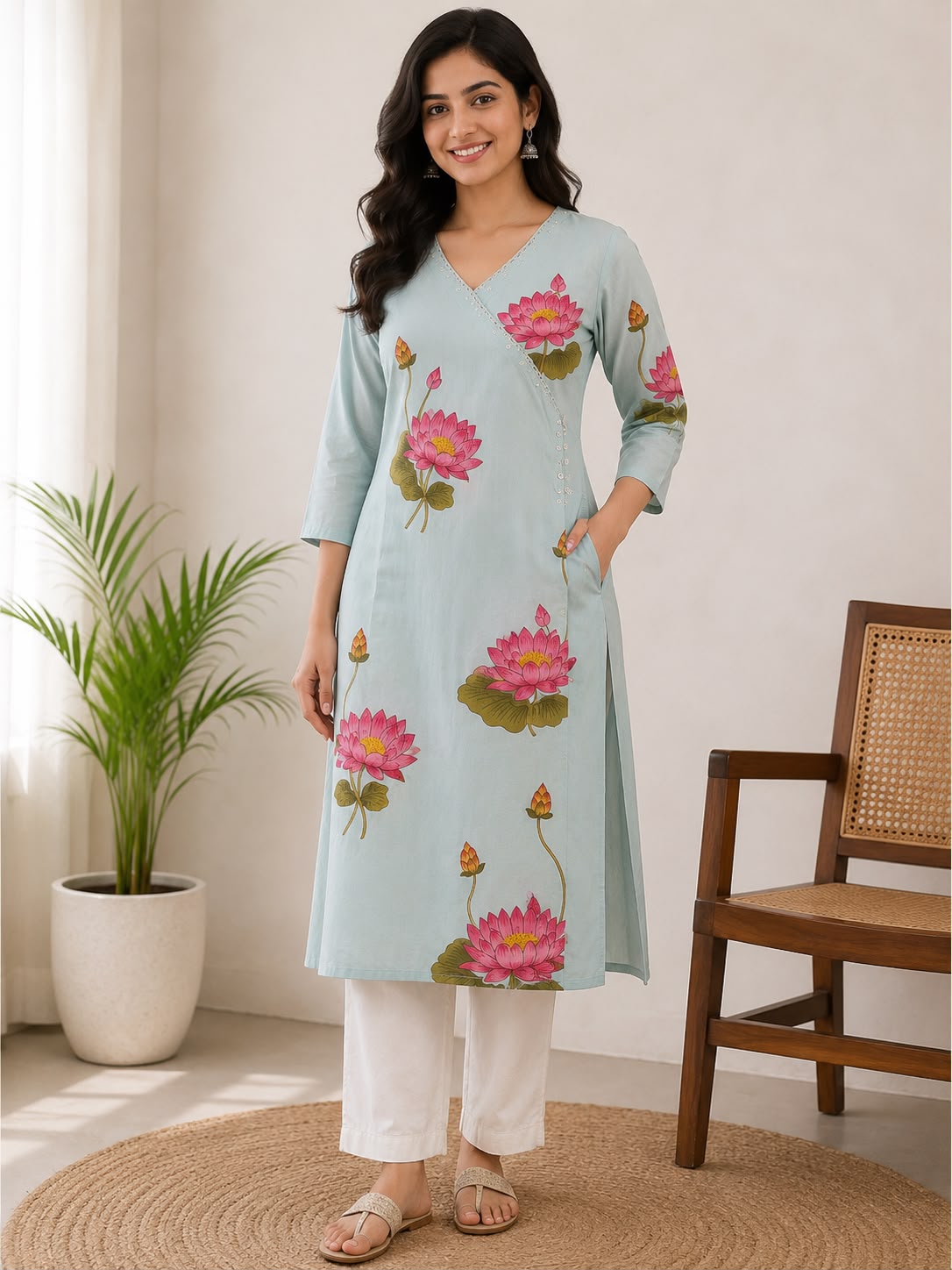 Powder Blue Lotus Print Angrakha Cotton Kurti
