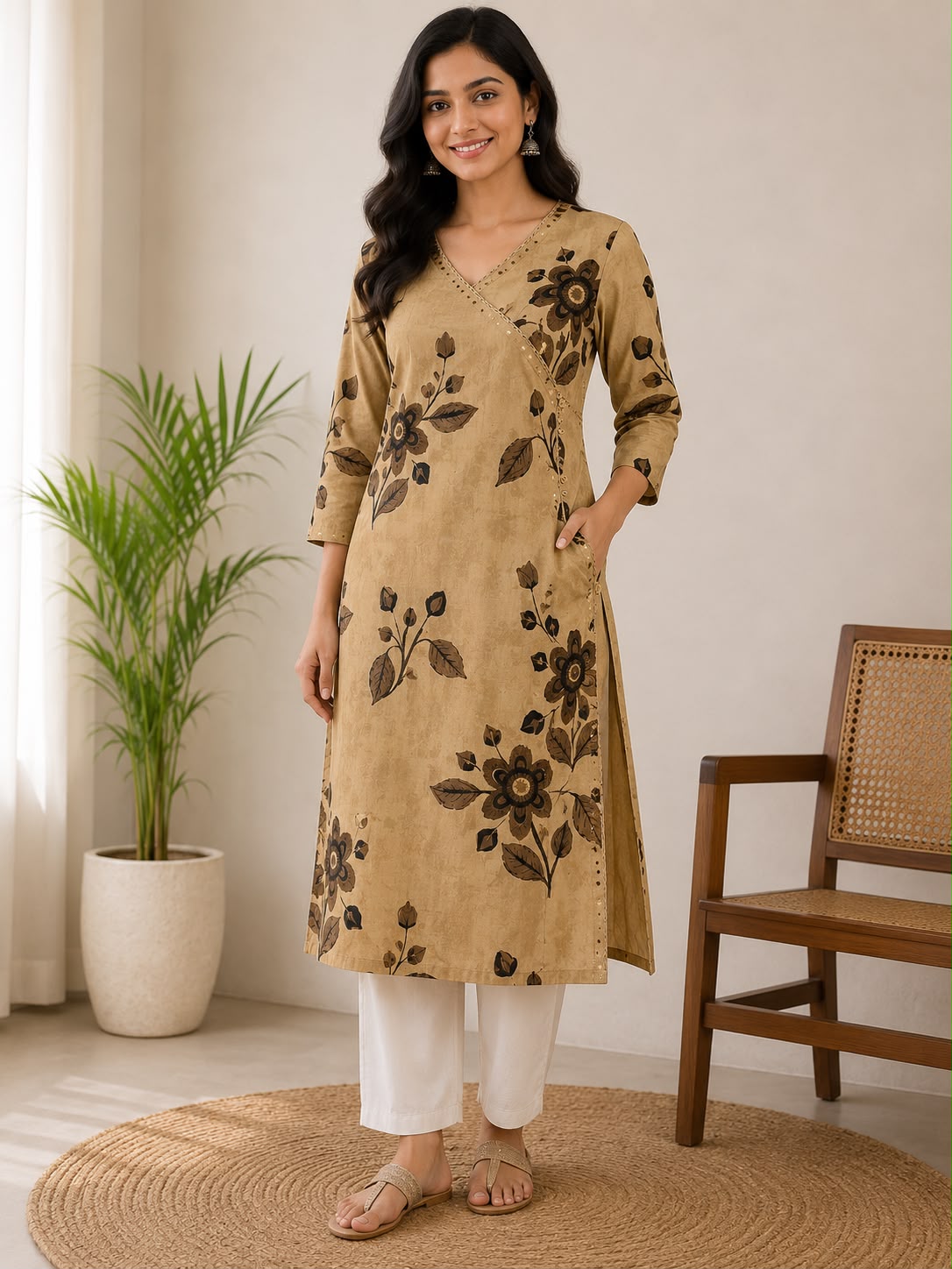 Tan and Black Floral Angrakha Cotton Kurti