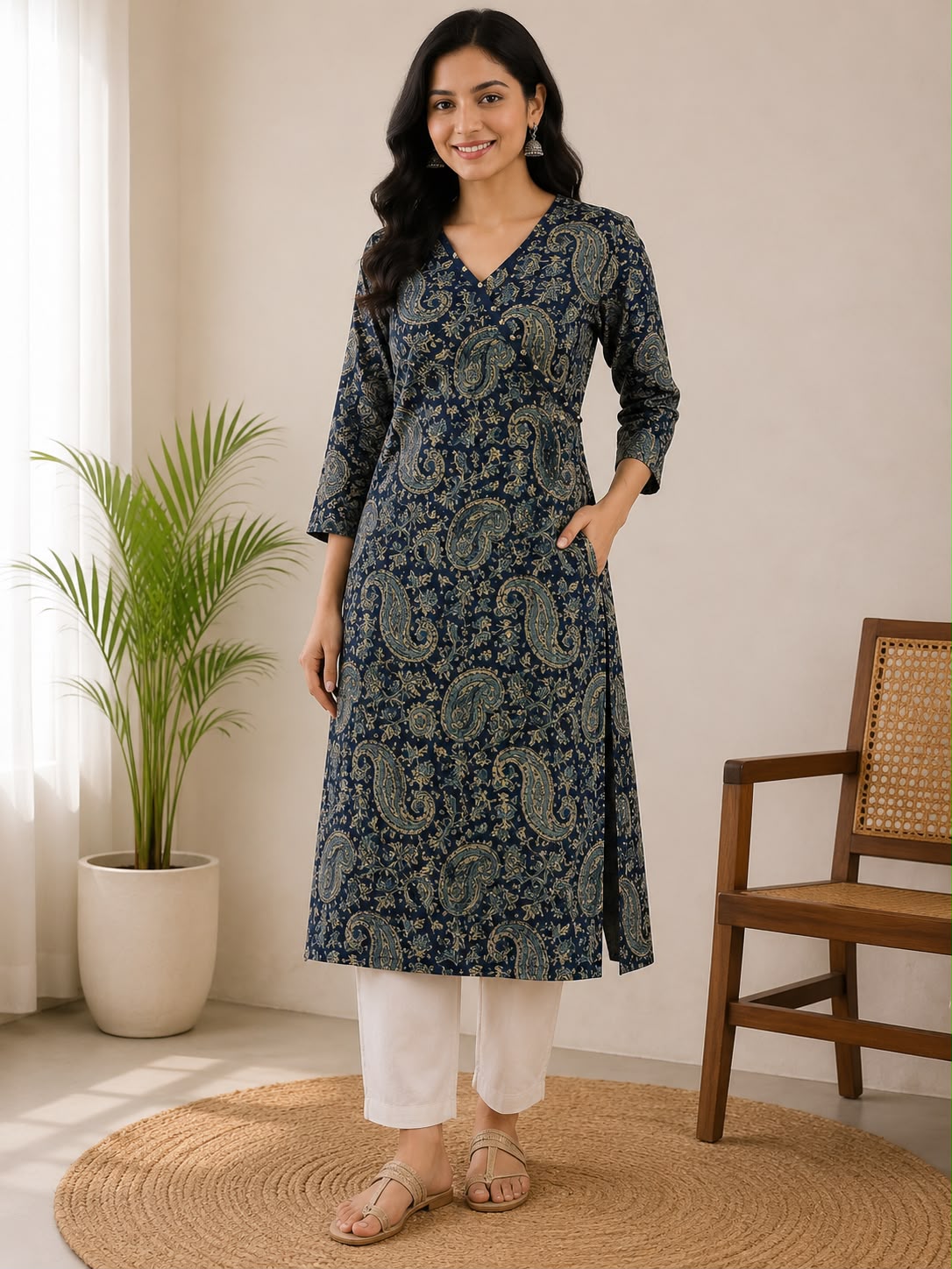 Navy and Beige Paisley Print Cotton Kurti