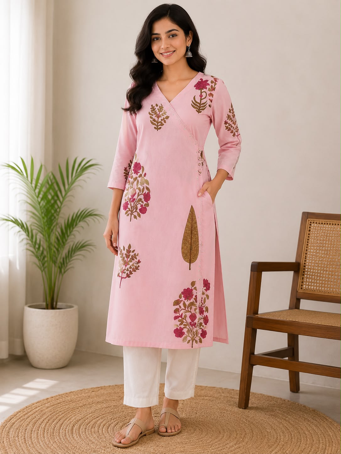 Blush Pink Floral Angrakha Cotton Kurti