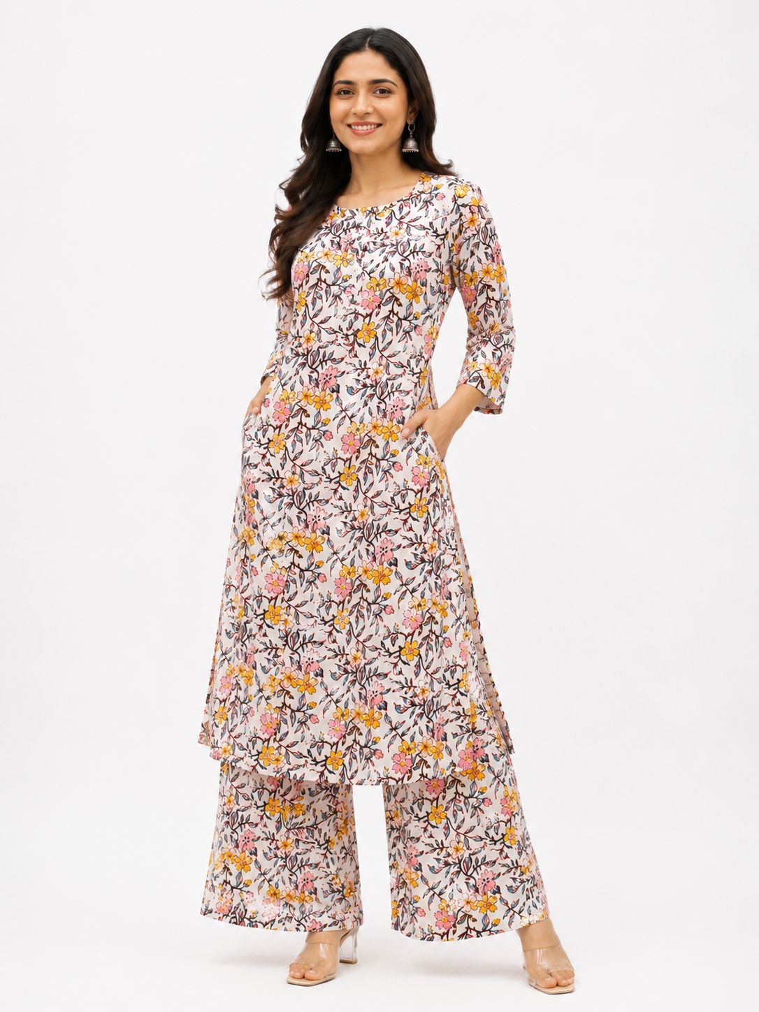 Natural Fab Gulbhar Women’s Sanganeri Hand Block Printed Kurti & Palazzo Set – White Floral 2-Piece Ethnic Set