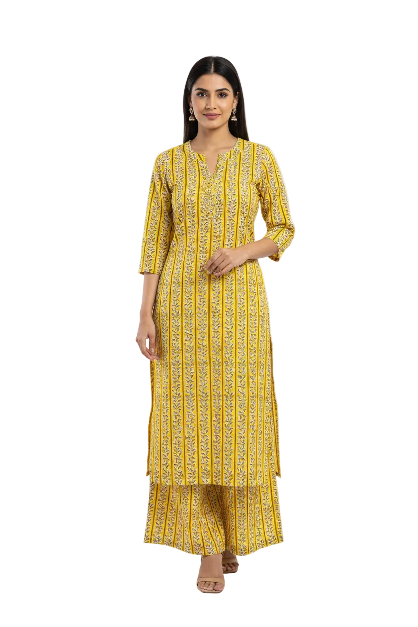 Natural Fab Vasant Women’s Mustard Yellow Hand Block Printed Kurta Palazzo Set