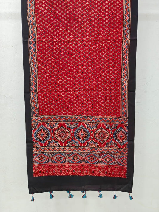 Naturalfab Women’s Red & Black Ajrakh Pure Modal Silk Stole with Tassels – UNI6412