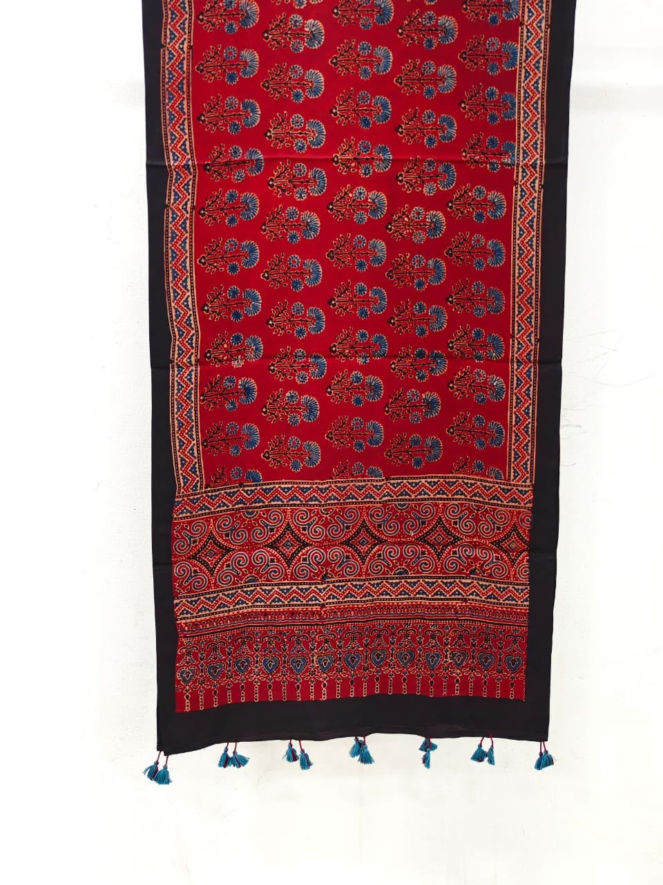 Naturalfab Women’s Red Floral Ajrakh Pure Modal Silk Stole with Tassels – UNI6413