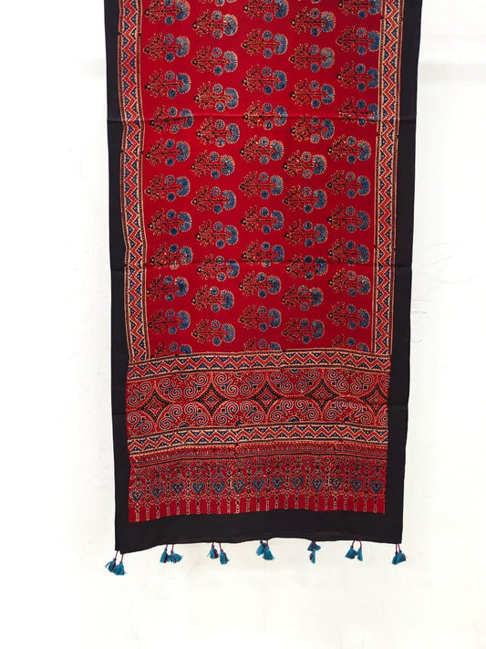 Naturalfab Women’s Red Floral Ajrakh Pure Modal Silk Stole with Tassels – UNI6413