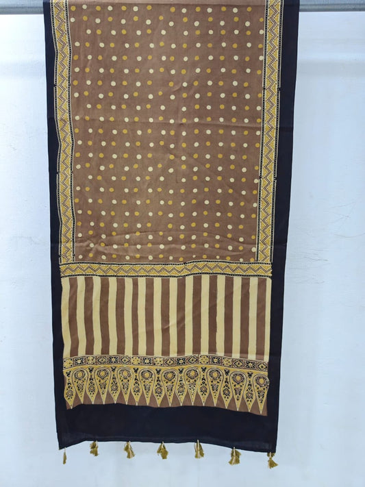 Naturalfab Women’s Pure Modal Silk Ajrakh Stole – Taupe Brown Polka Dot & Striped Stole with Tassels