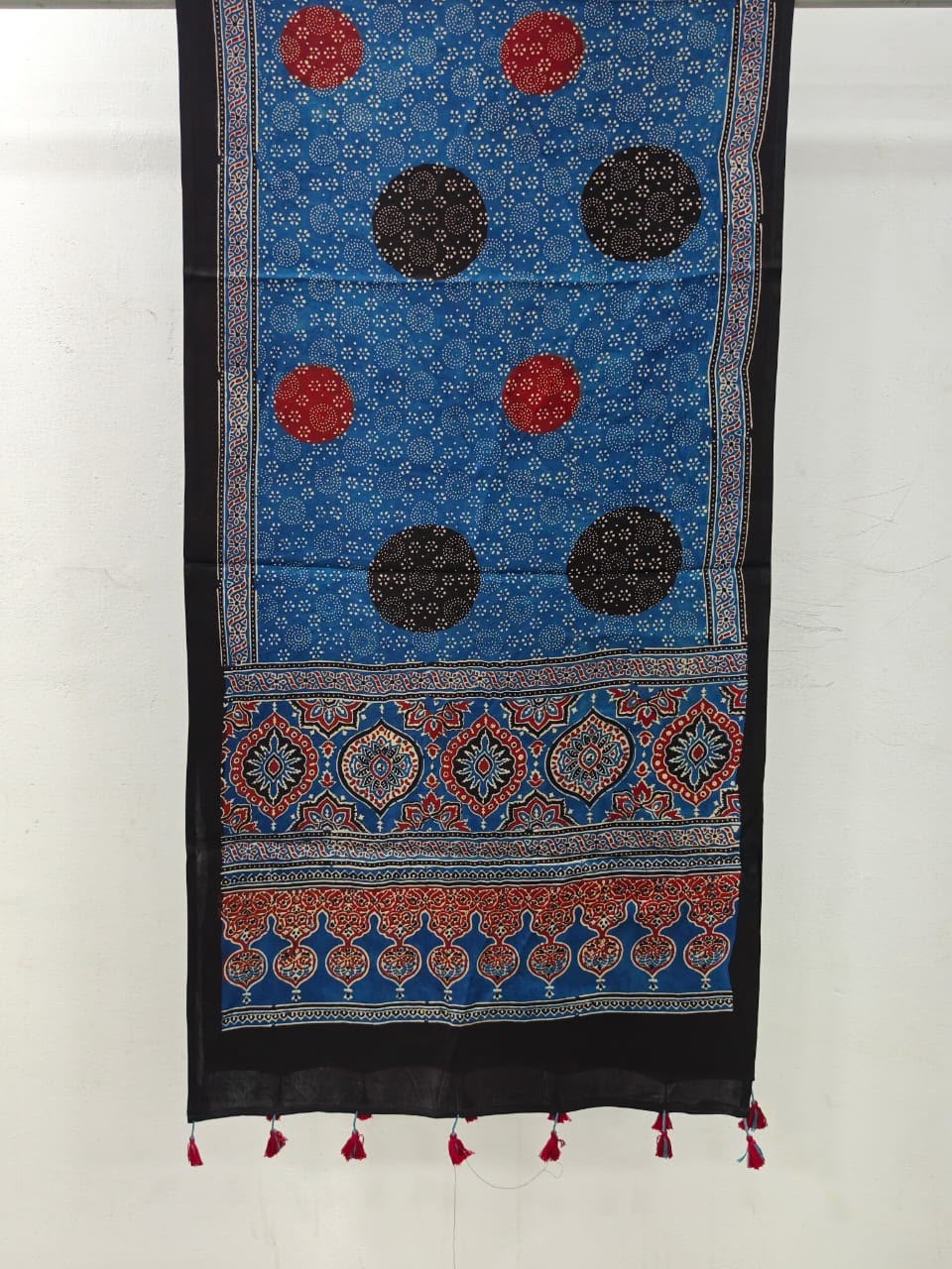 Naturalfab Women’s Blue Ajrakh Pure Modal Silk Stole with Circular Motifs & Tassels – UNI6418