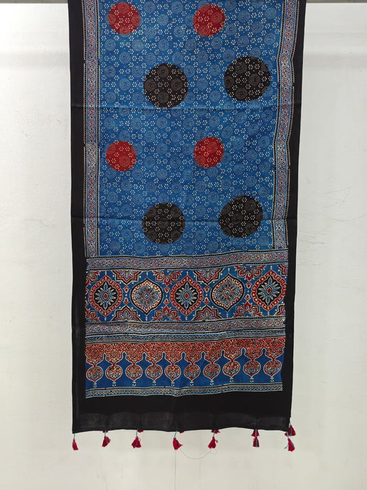 Naturalfab Women’s Blue Ajrakh Pure Modal Silk Stole with Circular Motifs & Tassels – UNI6418
