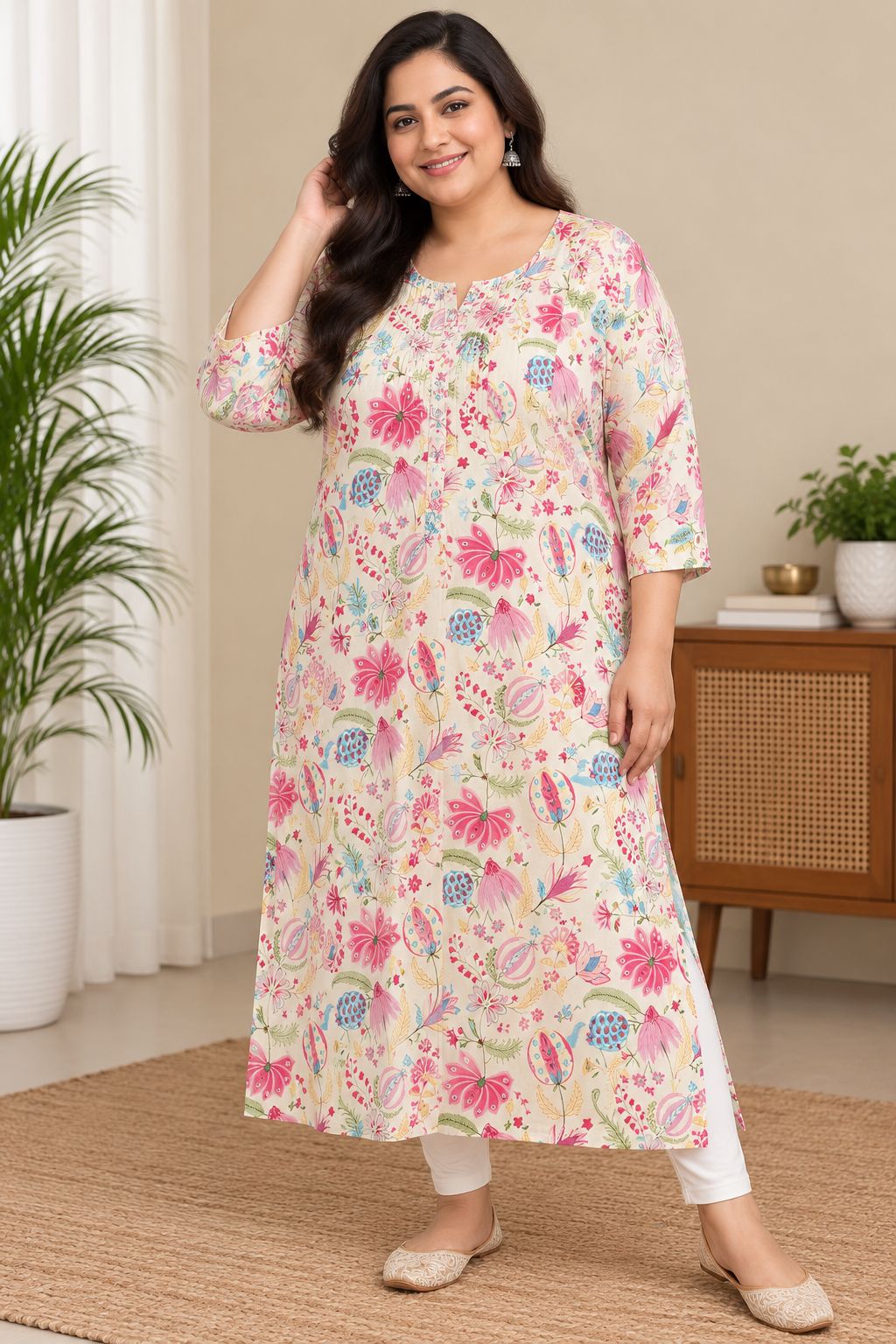 Naturalfab off-white multicolour floral printed women’s plus size cotton kurti