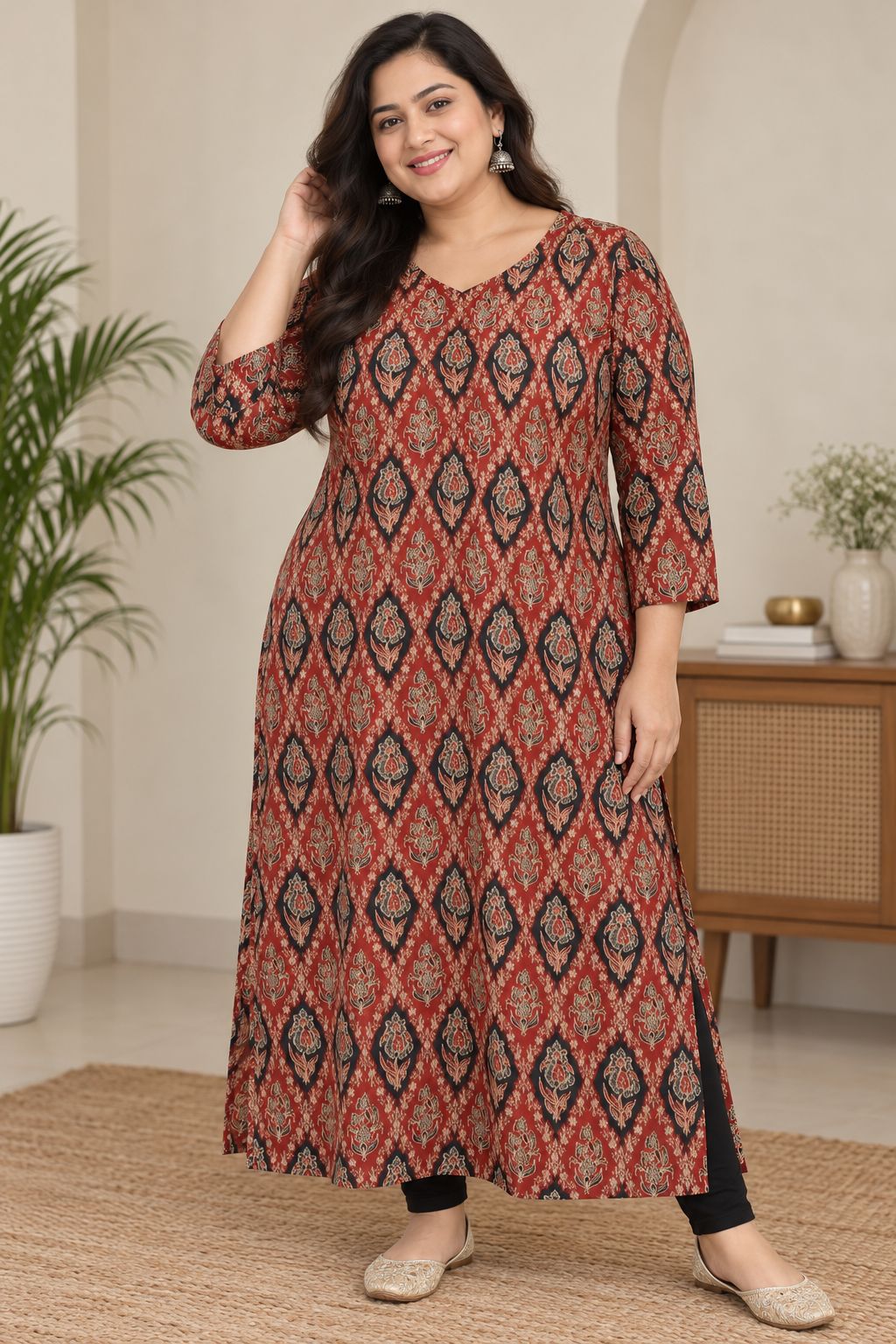 Naturalfab rust red ethnic motif printed women’s plus size cotton kurti