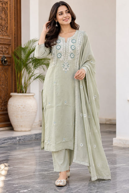 Natural Fab Women’s Sage Green Embroidered Kurta Pant Dupatta Set | Floral Embroidery Straight Kurti 3-Piece Ethnic Suit Set
