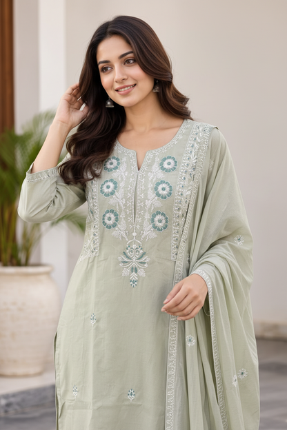 Natural Fab Women’s Sage Green Embroidered Kurta Pant Dupatta Set | Floral Embroidery Straight Kurti 3-Piece Ethnic Suit Set