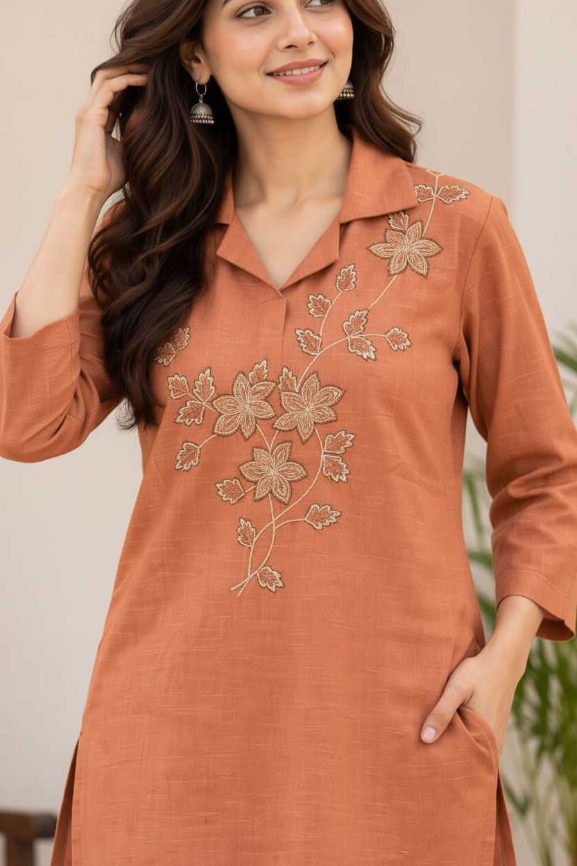 Natural Fab Women’s Rust Orange Embroidered Co-ord Set | Collared Kurti Top with Straight Pants | 2-Piece Ethnic Set