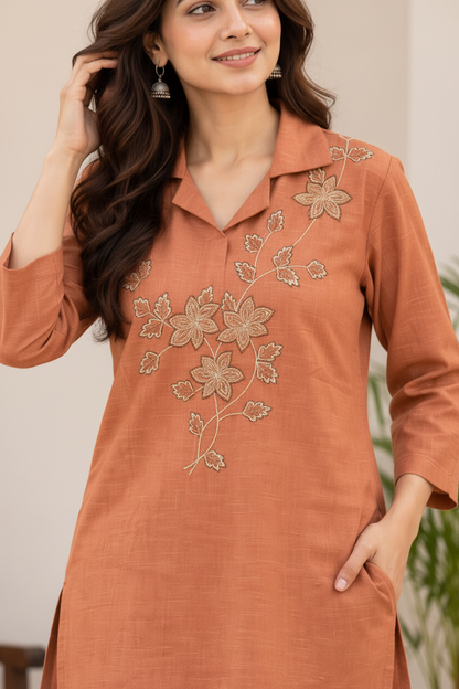 Natural Fab Women’s Rust Orange Embroidered Co-ord Set | Collared Kurti Top with Straight Pants | 2-Piece Ethnic Set