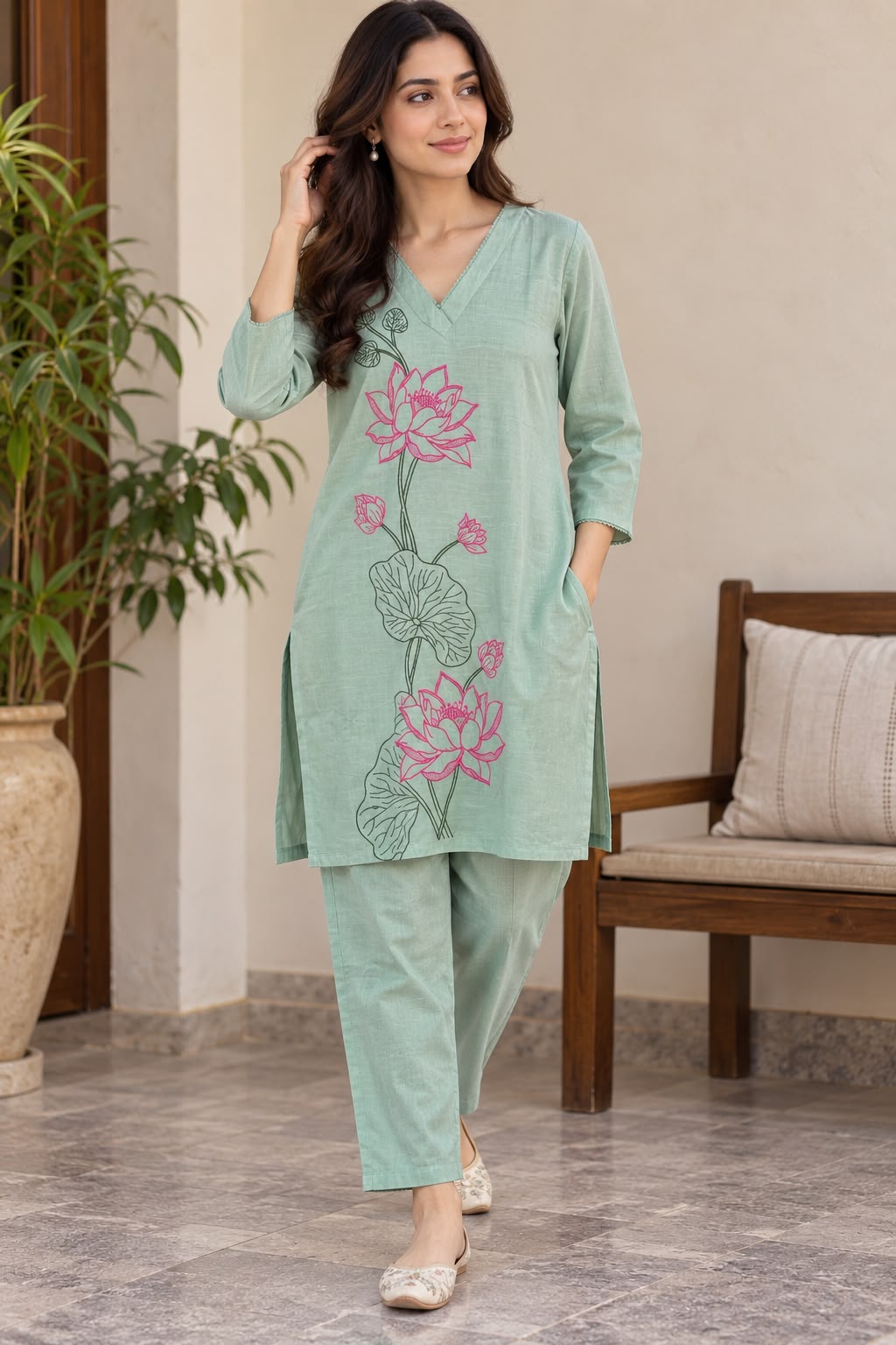 Natural Fab Women’s Mint Green Lotus Printed Co-ord Set | V-Neck Kurti with Straight Pants | 2-Piece Ethnic Set