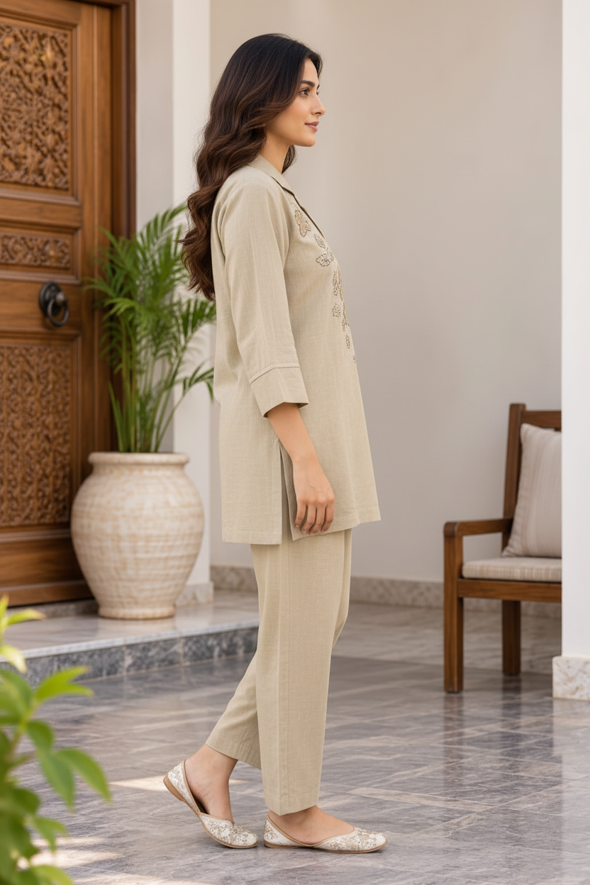 Natural Fab Women’s Beige Embroidered Co-ord Set | Collared Kurti Top with Straight Pants & Pockets | 2-Piece Ethnic Set