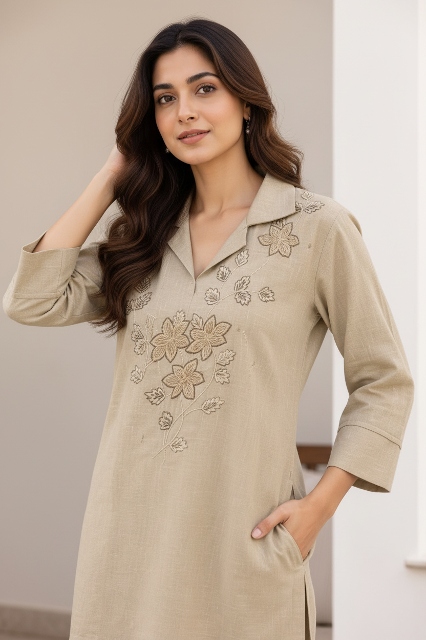 Natural Fab Women’s Beige Embroidered Co-ord Set | Collared Kurti Top with Straight Pants & Pockets | 2-Piece Ethnic Set