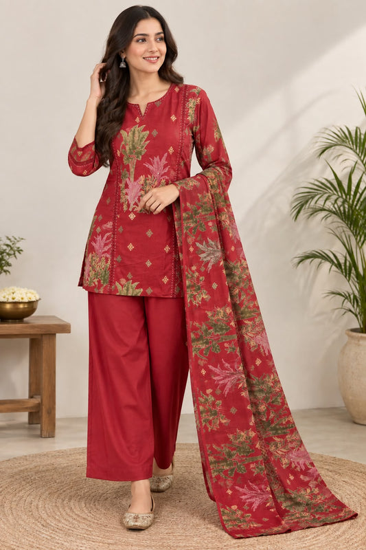 Naturalfab Women's Maroon Floral Cotton Short Kurti Set with Palazzo Pants and Printed Dupatta