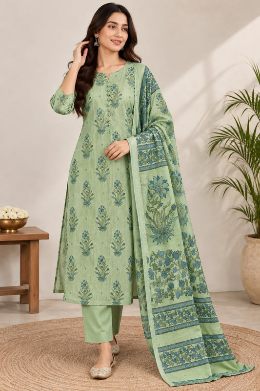 Naturalfab Women's Pista Green Floral Cotton Kurta Set with Matching Pants and Printed Dupatta