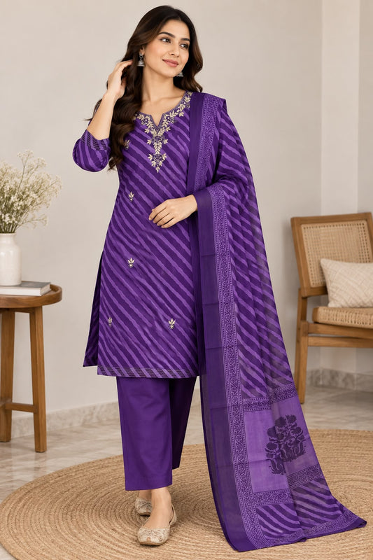 Naturalfab Women's Purple Striped Cotton Kurta Set with Matching Pants and Coordinated Dupatta
