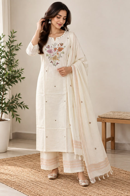 Naturalfab Women's Ivory Floral Cotton Kurta Set with Matching Palazzo Pants and Tassel Dupatta