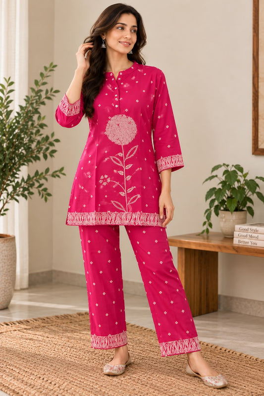 Naturalfab Women's Pink Maslin Floral Print Co-ord Set with Button Placket Top and Matching Pants