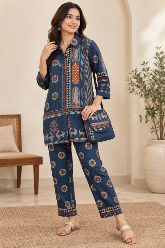 Naturalfab Women's Blue Printed Cotton Co-ord Set with Matching Purse