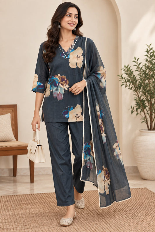 Naturalfab Women's Charcoal Floral Cotton Kurti Pant Set with Dupatta