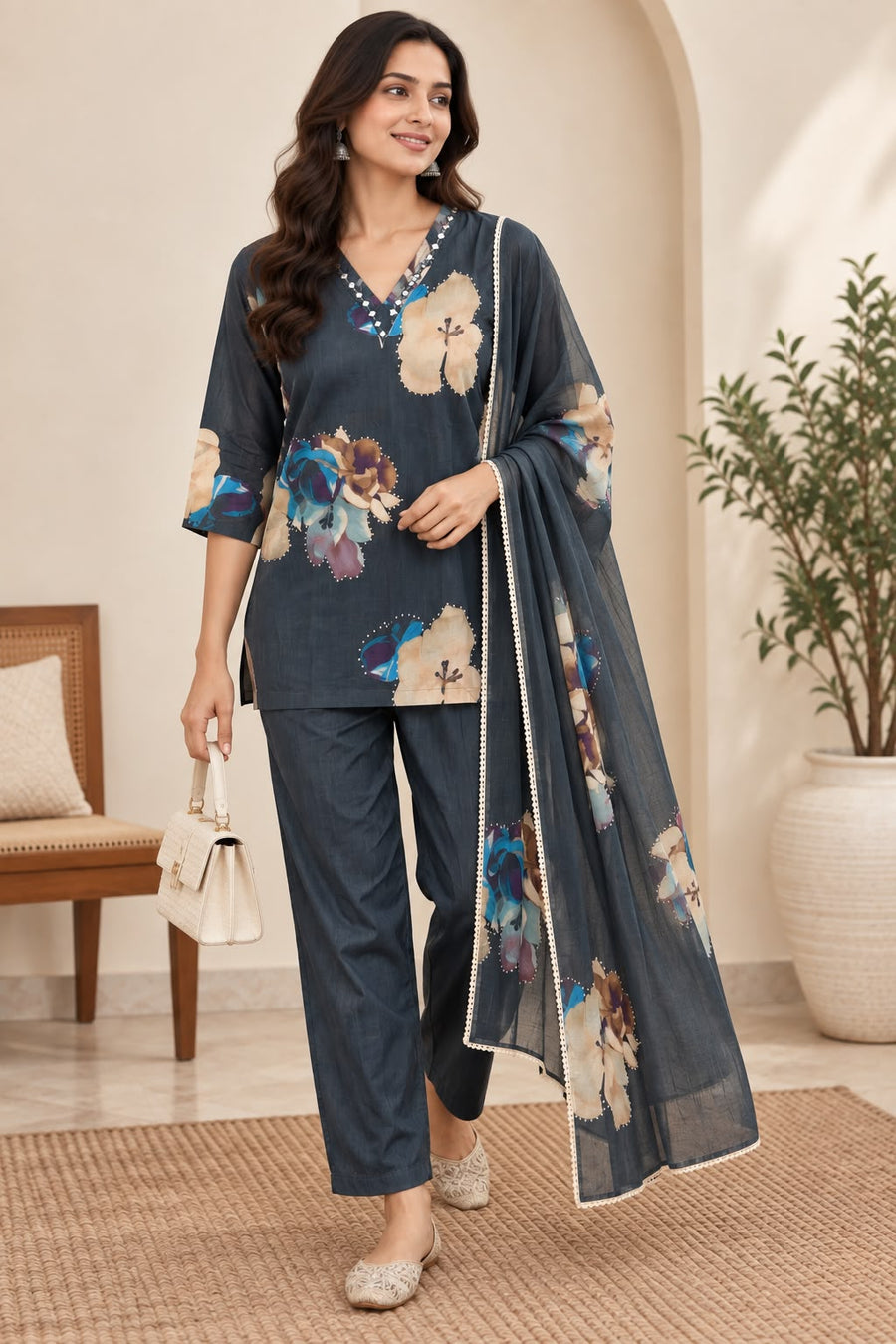 Natural Fab Women’s Charcoal Grey Floral Printed Kurti Pant Set with Matching Dupatta | 3-Piece Ethnic Set