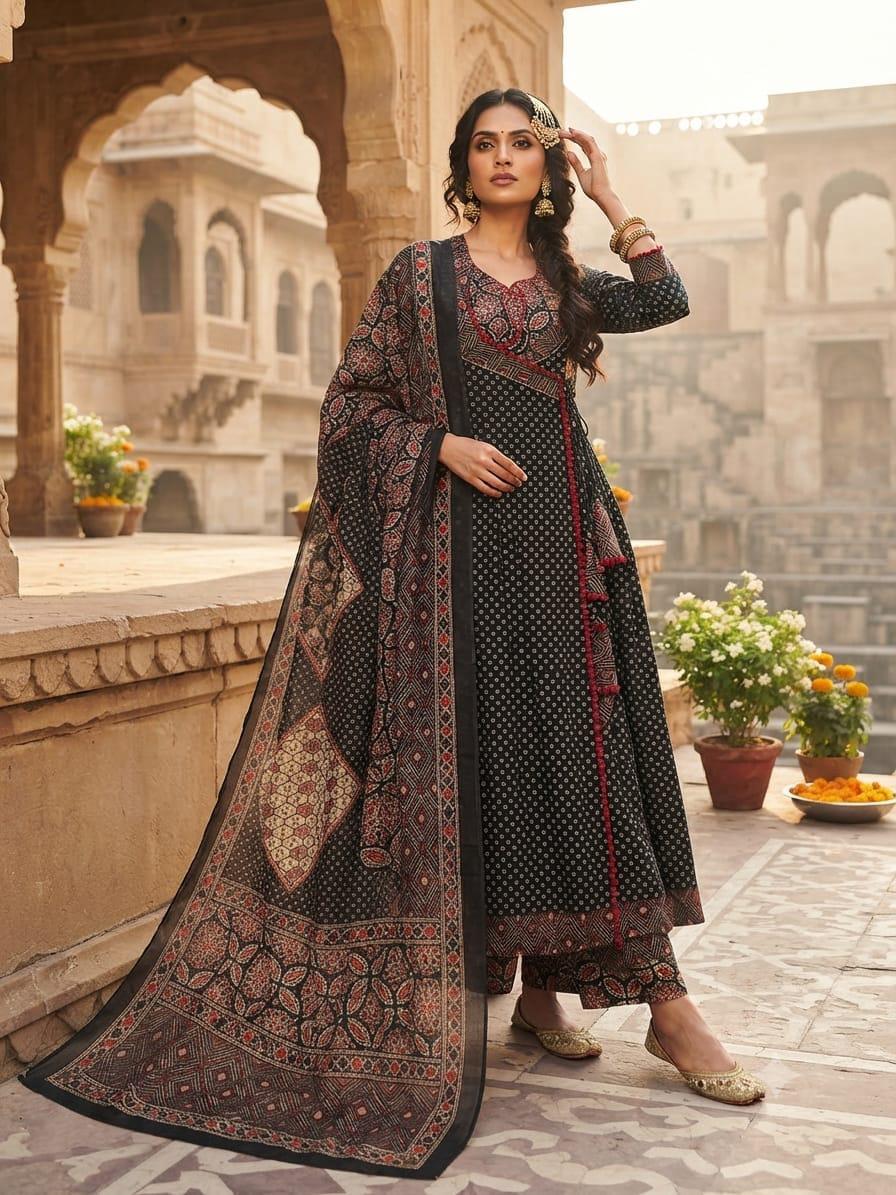 Natural Fab Women’s Black Ajrakh-Inspired Printed Anarkali Kurti Set with Dupatta & Pants | Festive 3-Piece Ethnic Suit