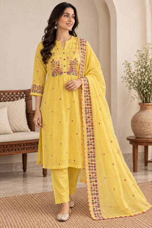 Naturalfab Women's Yellow Mal Cotton Embroidered Kurti Pant Set with Dupatta