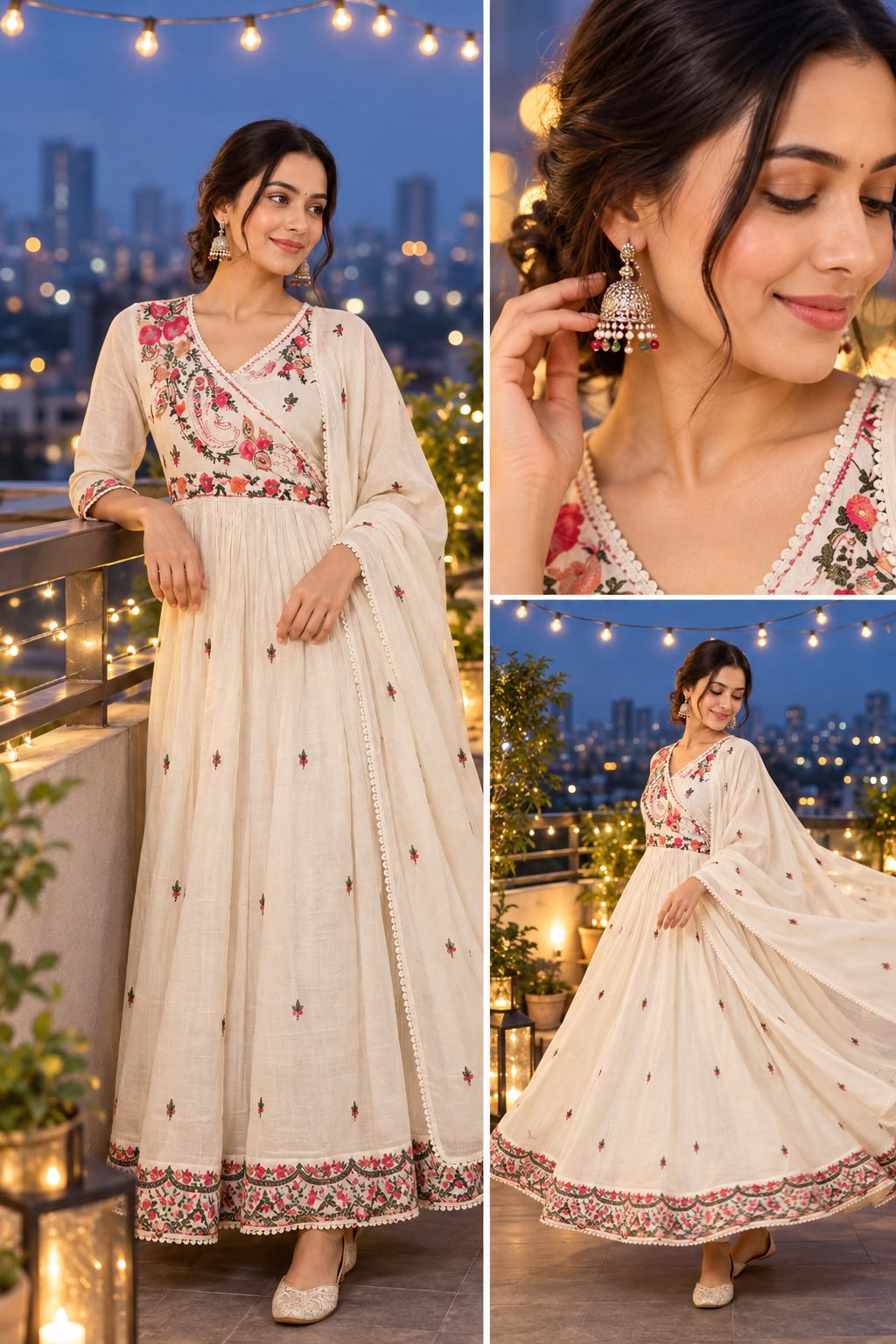 Natural Fab Women’s Ivory Mal Cotton Floral Anarkali Kurti Set with Dupatta & Angrakha-Style Neck