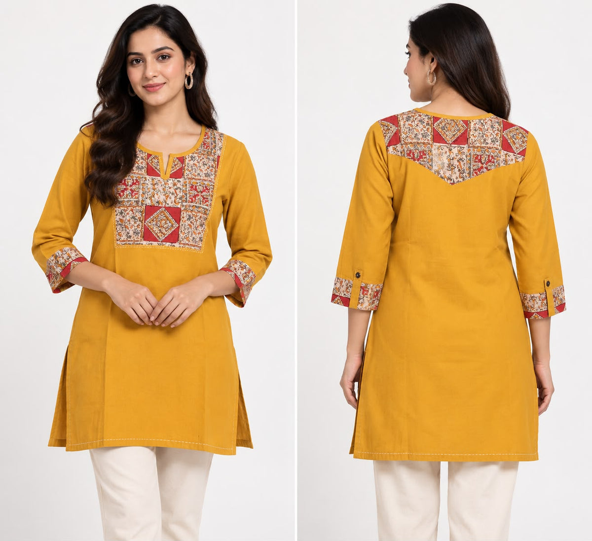 Natural Fab Women’s Mustard Yellow 100% Cotton Short Kurti with Printed Yoke & 3/4 Sleeves