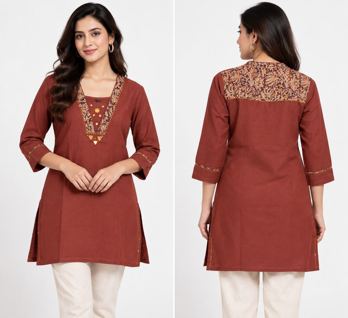 Natural Fab Women’s Rust Brown 100% Cotton Short Kurti with Printed Yoke & 3/4 Sleeves