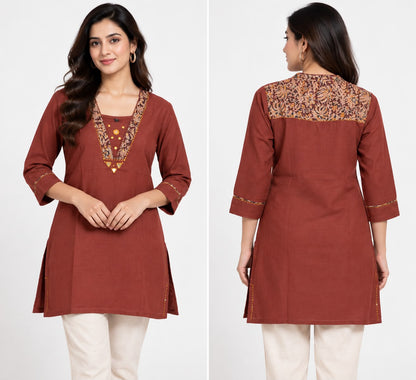 Natural Fab Women’s Rust Brown 100% Cotton Short Kurti with Printed Yoke & 3/4 Sleeves