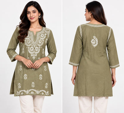 Natural Fab Women’s Olive Green 100% Cotton Chikankari Short Kurti with 3/4 Sleeves