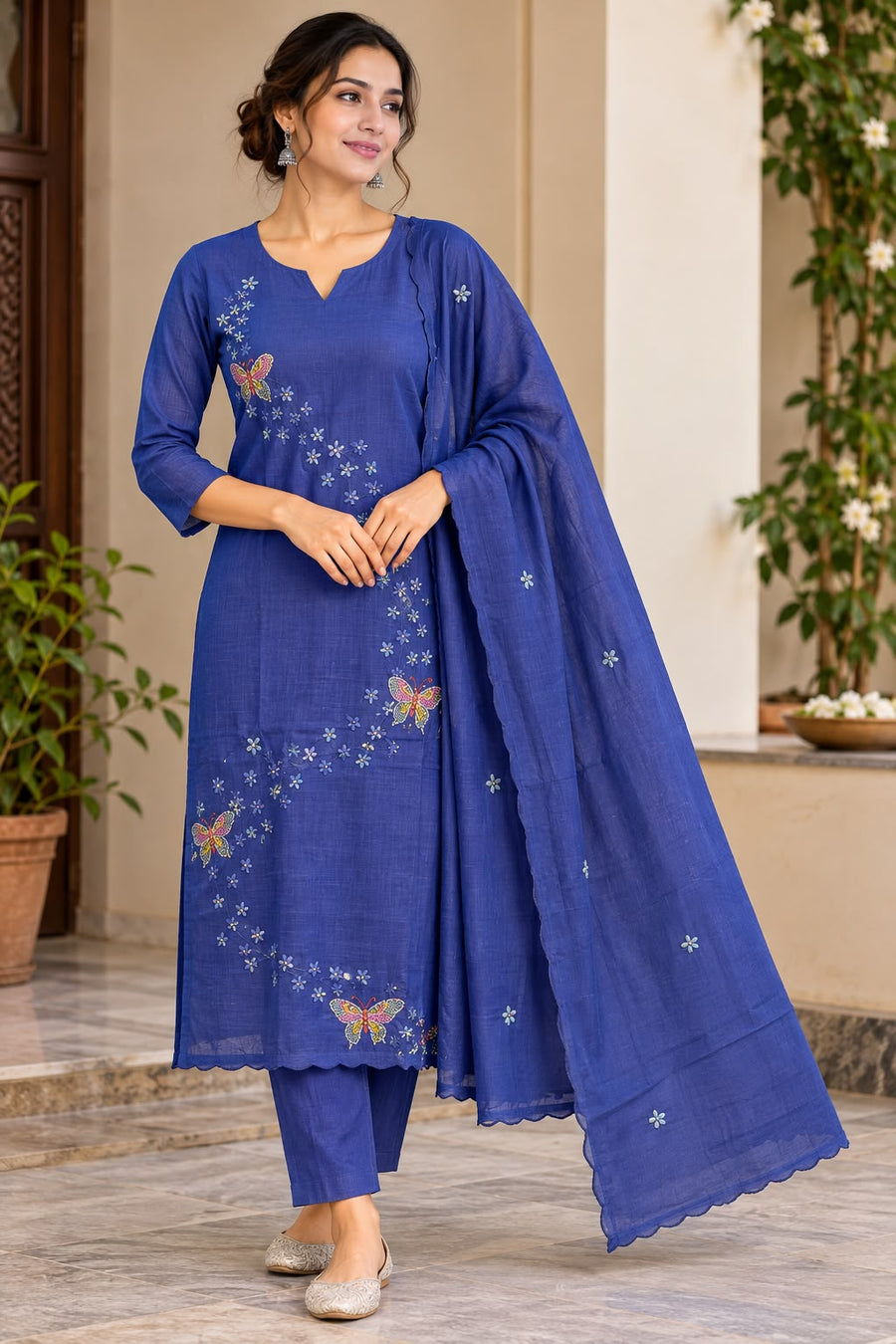Women’s Royal Blue Chanderi Kurti Pant Set with Dupatta | Kantha Hand Embroidery Ethnic Suit